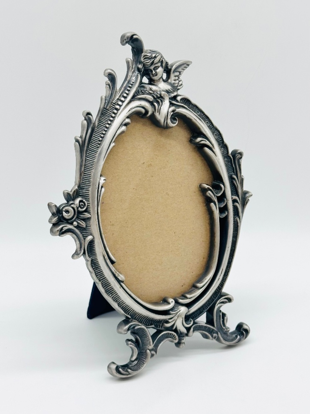 VTG Linco Pewter Cherub Oval Picture Frame Ornate Victorian Baroque Velvet Back